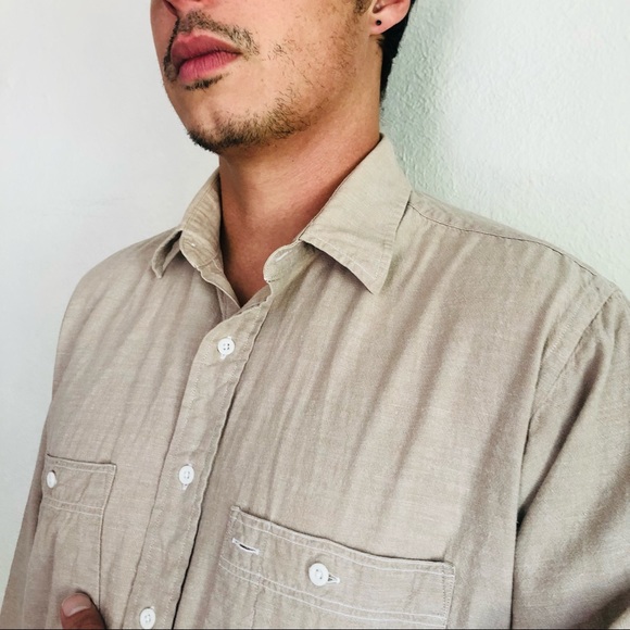 🔥SOLD🔥90s VTG LL BEAN 100% Cotton Tan Beige Long Sleeve Collared Shirt Sz - Picture 2 of 8